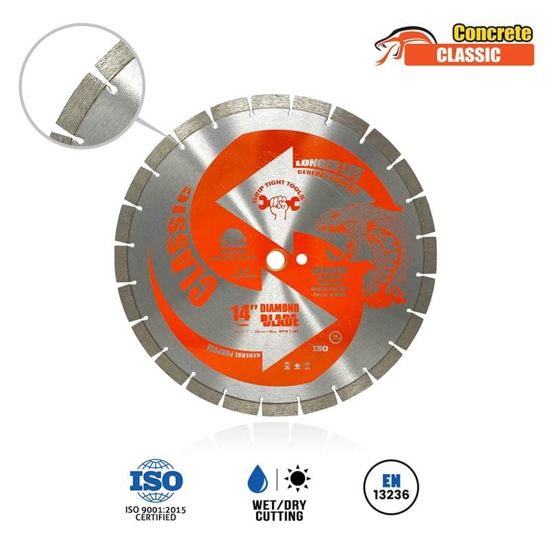 14" Classic Segmented Diamond Blade, 14mm Hot Pressed Jumbo Segments, 1" Bore, 20mm Extra Ring