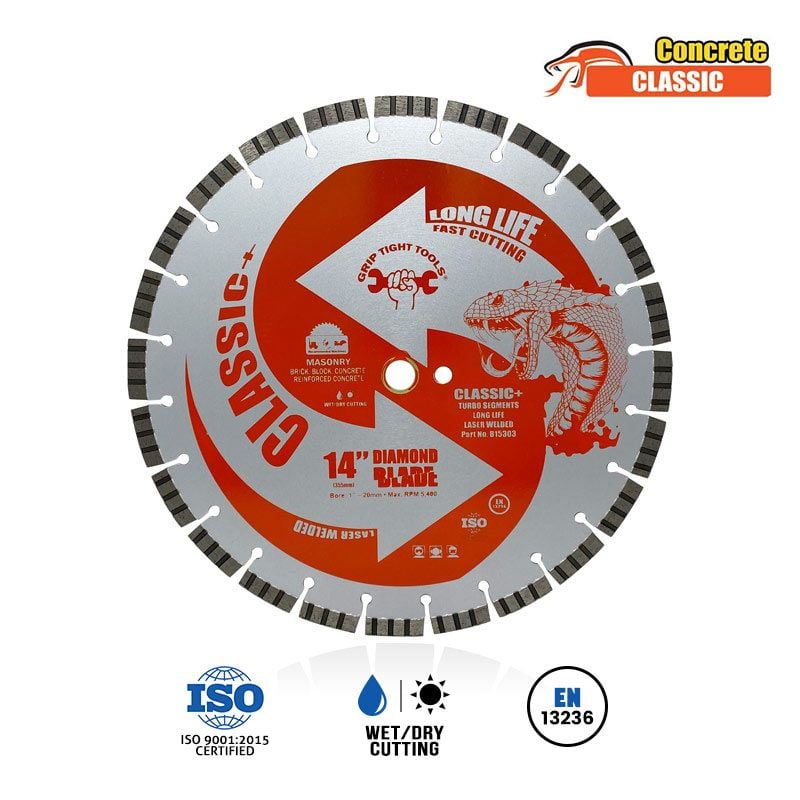 14" Classic Plus Laser Welded Turbo Segmented Diamond Blade, 1" Bore, 20mm Extra Ring