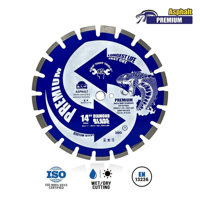 14" Premium Laser Welded Angle Drop Segmented Diamond Blade, Cooling U Gullets, 1" Bore, 20mm Extra Ring
