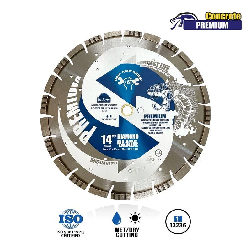 14" Premium Alternating Turbo Segments, Undercut Drop Segments Diamond Blade, 1" Bore, 20mm Extra Ring