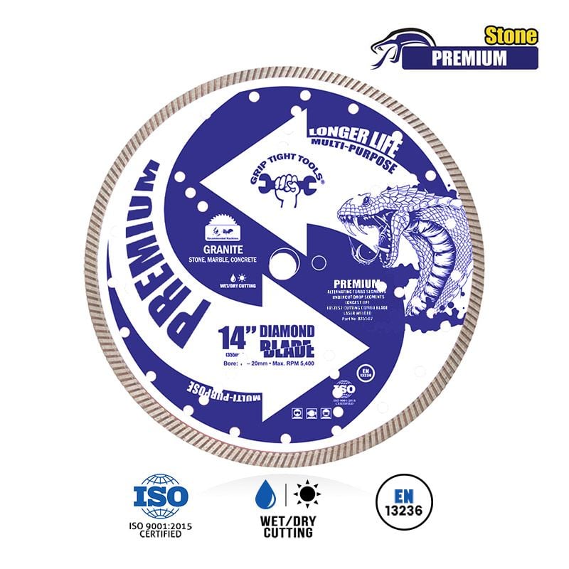 14"Premium Turbo Diamond Blade, Laser Welded, Reinforced Hub, 1" Bore, 20mm Extra Ring