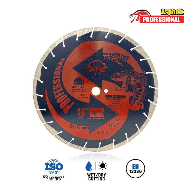 14" Professional Angle Drop Segmented Asphalt Diamond Blade, 1" Bore, 20mm Extra Ring