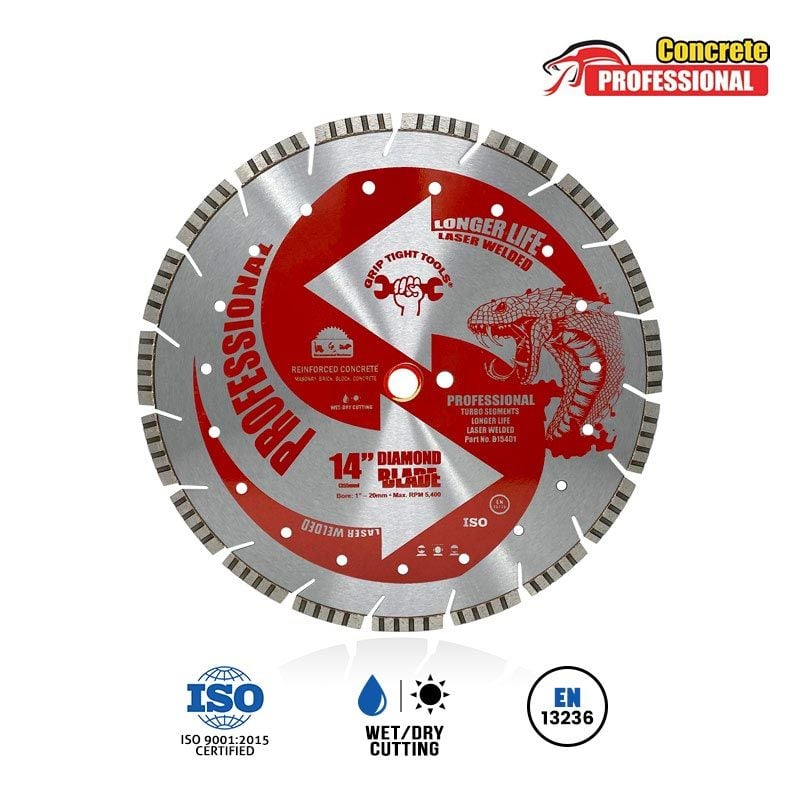 14" Professional Laser Welded Turbo Segmented Diamond Blade, 1" Bore, 20mm Extra Ring