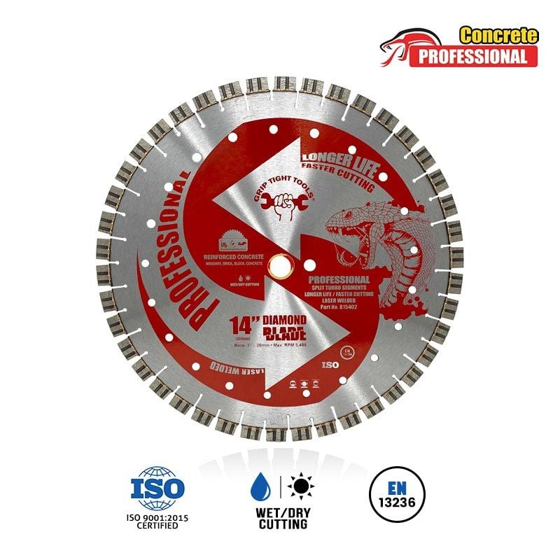 14" Professional Laser Welded Split Turbo Segmented Diamond Blade, 1" Bore, 20mm Extra Ring