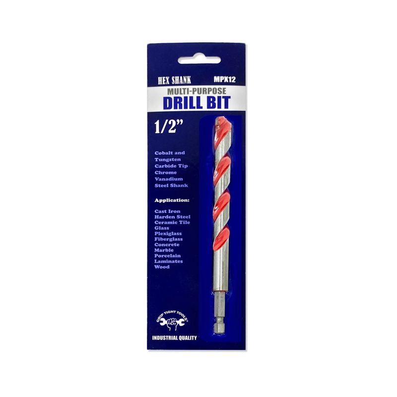 1/2" Multi-Purpose Drill Bit, Quick Release, HEX Shank, Made of Chrome Vanadium Steel, Laser Welded, 118 Degree Split Tip, Red Float Finish