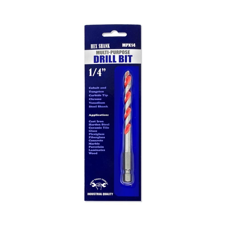 1/4" Multi-Purpose Drill Bit, Quick Release, HEX Shank, Made of Chrome Vanadium Steel, Laser Welded, 118 Degree Split Tip, Red Float Finish