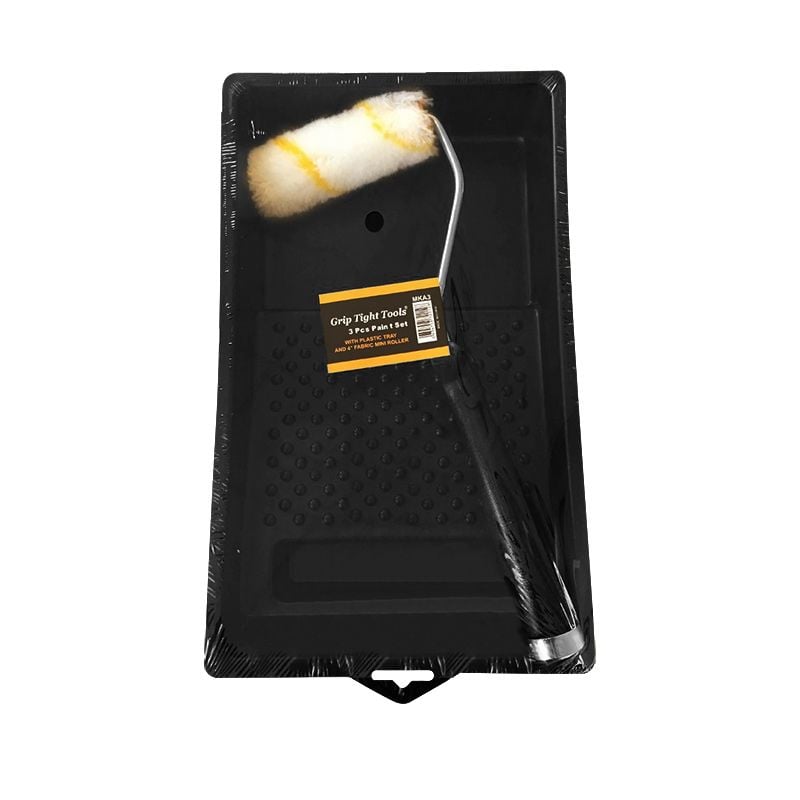 3 PC Mini Paint Tray Set, 4" Fabric Roller Cover with 10" Handle, 6 1/2" x 11" Black Heavy Duty Paint Tray