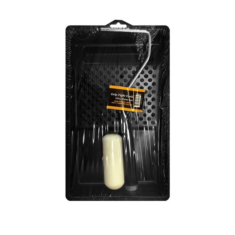 3 PC Mini Paint Tray Set, 4" Foam Roller Cover with 10" Handle, 6 1/2" x 11" Black Heavy Duty Paint Tray