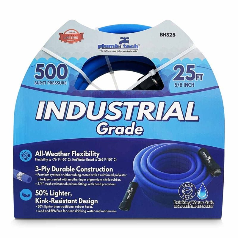 25' Industrial Grade Hose, Dual-Purpose, Synthetic Rubber, Burst Pressure 500 PSI, Plumb Tech