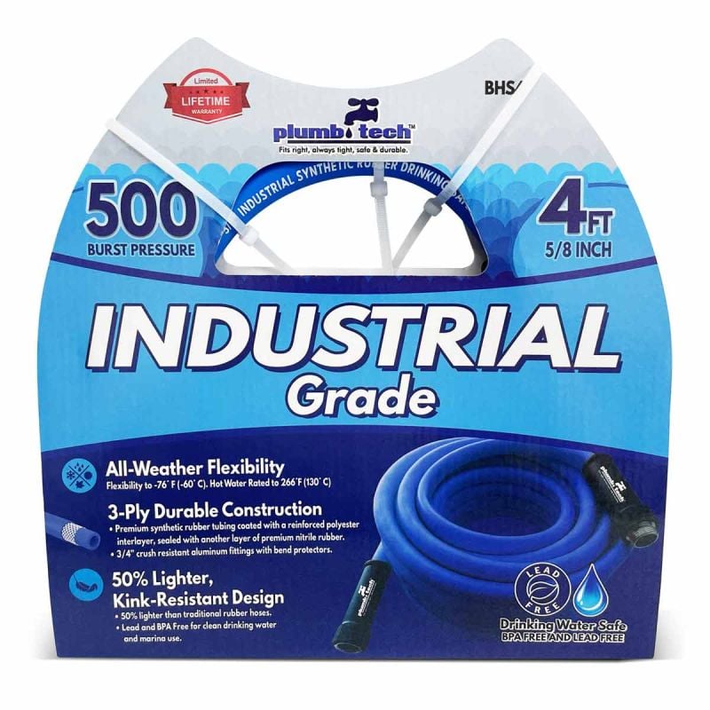 4' Industrial Grade Hose, Dual-Purpose, Synthetic Rubber, Burst Pressure 500 PSI, Plumb Tech