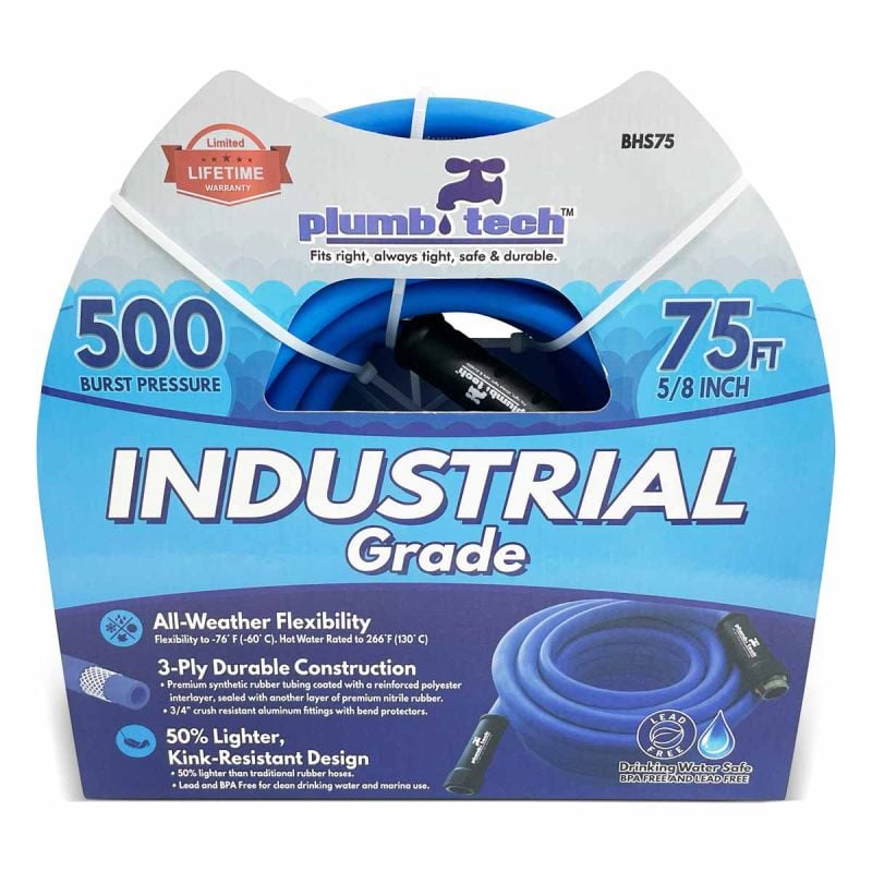75' Industrial Grade Hose, Dual-Purpose, Synthetic Rubber, Burst Pressure 500 PSI, Plumb Tech
