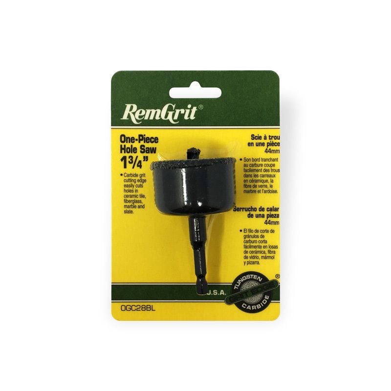 1-3/4″ Carbide Grit Arbored Hole Saw, RemGrit, 7/8″ Depth of Cut, 1/4″ Quick Change Shank, Alloy Steel Back