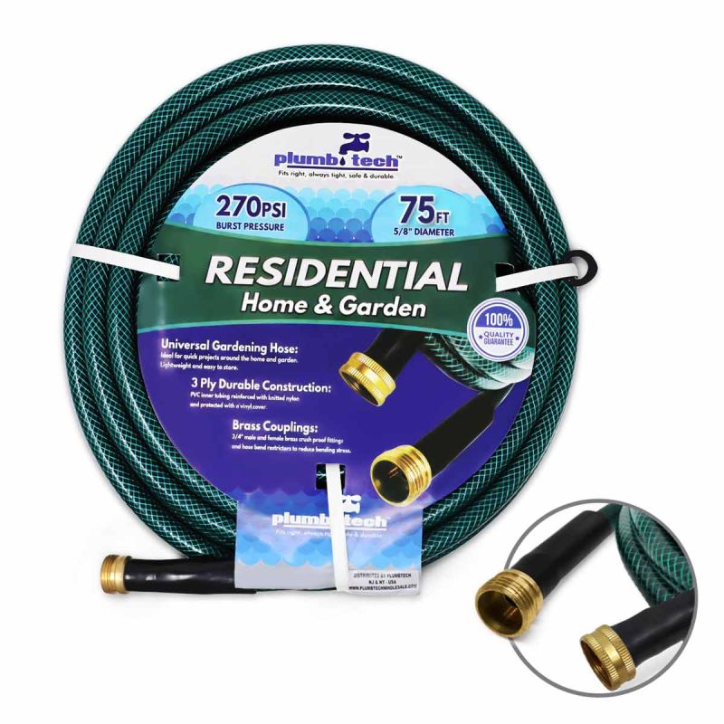 75' PVC Green Garden Hose, Residential Garden Hose, Solid Brass Fittings, 3 Ply Flexible Vinyl Hose, Plumb Tech