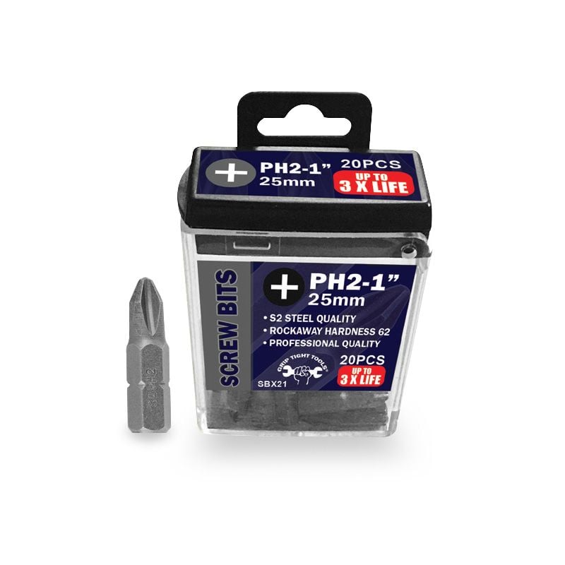 24 BOX SBX22 - PH2-1", 24 PCs, Professional Quality, S2 Steel, Rockwell Hardness 62
