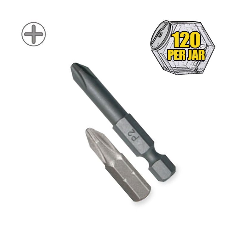 120 PC Display Jar, Impact Screwdriver Bit, PH2-2", Professional Quality, S2 Steel, Rockwell Hardness 62, Hex Phillips Screwdriver Bit