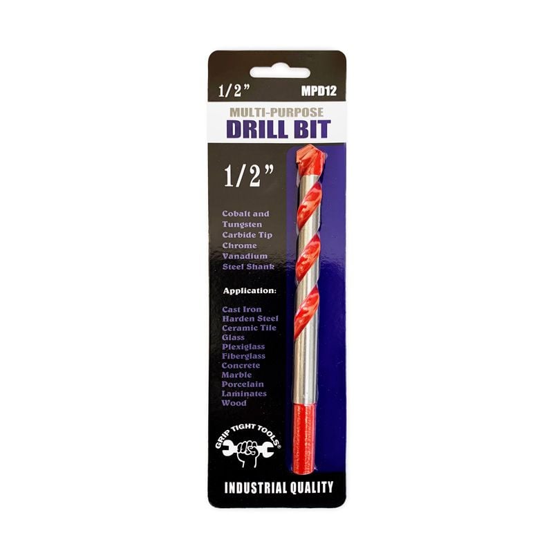 1/2 In. Multi-Purpose Drill Bit, Special Cobalt, Carbide Tip, Made of Chrome Vanadium Steel, Laser Welded, 118 Degree Split Tip, Red Float Finish