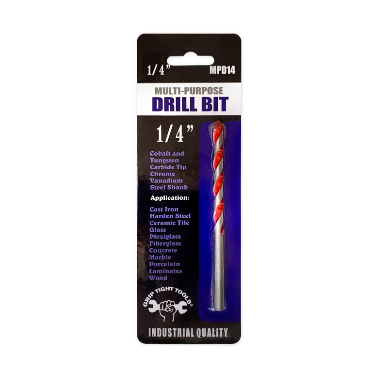 1/4 In. Multi-Purpose Drill Bit, Special Cobalt, Carbide Tip, Made of Chrome Vanadium Steel, Laser Welded, 118 Degree Split Tip, Red Float Finish