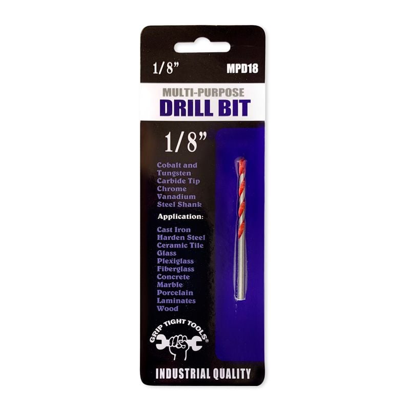 1/8 In. Multi-Purpose Drill Bit, Special Cobalt, Carbide Tip, Made of Chrome Vanadium Steel, Laser Welded, 118 Degree Split Tip, Red Float Finish