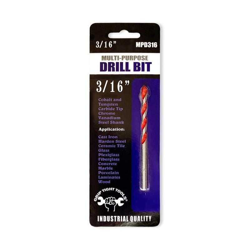 3/16 In. Multi-Purpose Drill Bit, Special Cobalt, Carbide Tip, Made of Chrome Vanadium Steel, Laser Welded, 118 Degree Split Tip, Red Float Finish