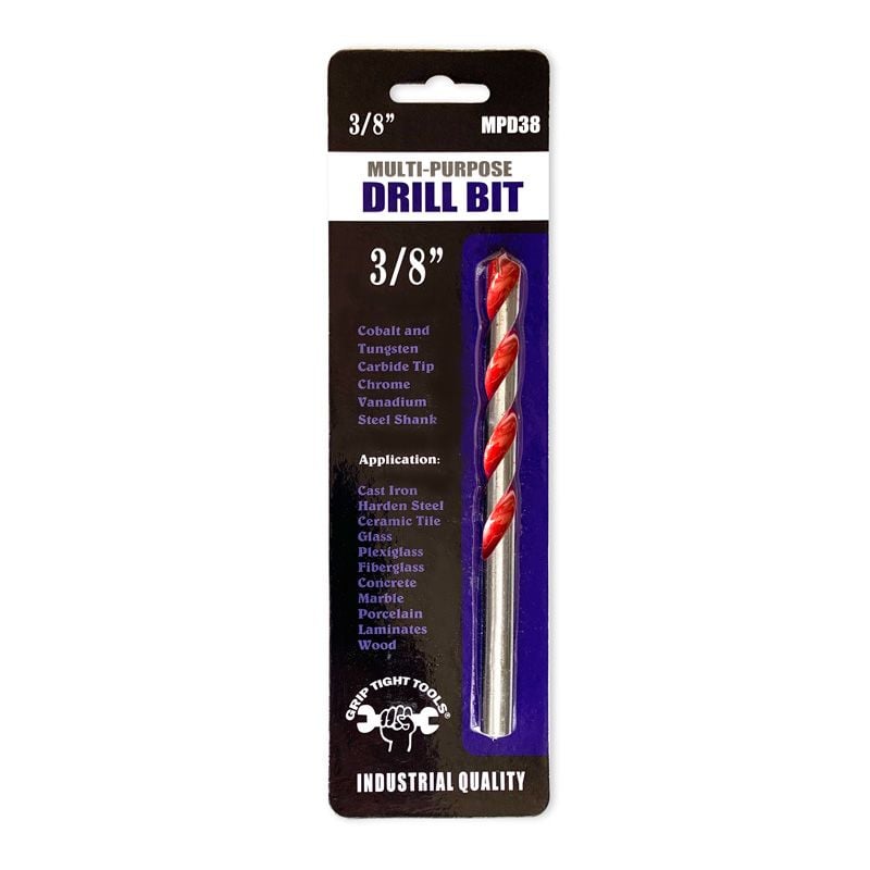 3/8 In. Multi-Purpose Drill Bit, Special Cobalt, Carbide Tip, Made of Chrome Vanadium Steel, Laser Welded, 118 Degree Split Tip, Red Float Finish
