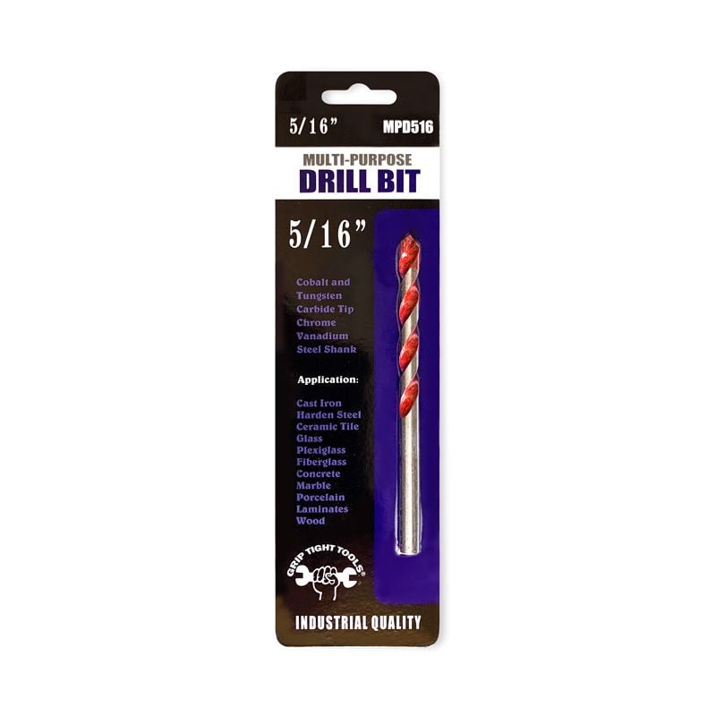 5/16 In. Multi-Purpose Drill Bit, Special Cobalt, Carbide Tip, Made of Chrome Vanadium Steel, Laser Welded, 118 Degree Split Tip, Red Float Finish