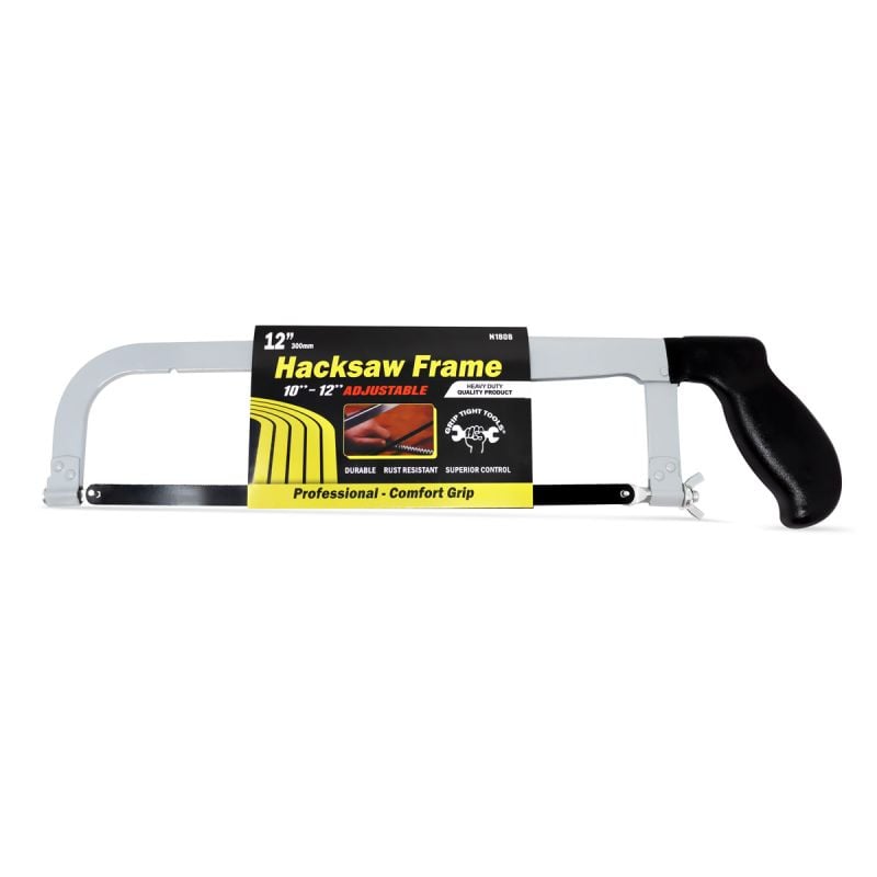 10" - 12" Adjustable Hacksaw Frame, Grey Paint, Dipped Handle, Black Blade