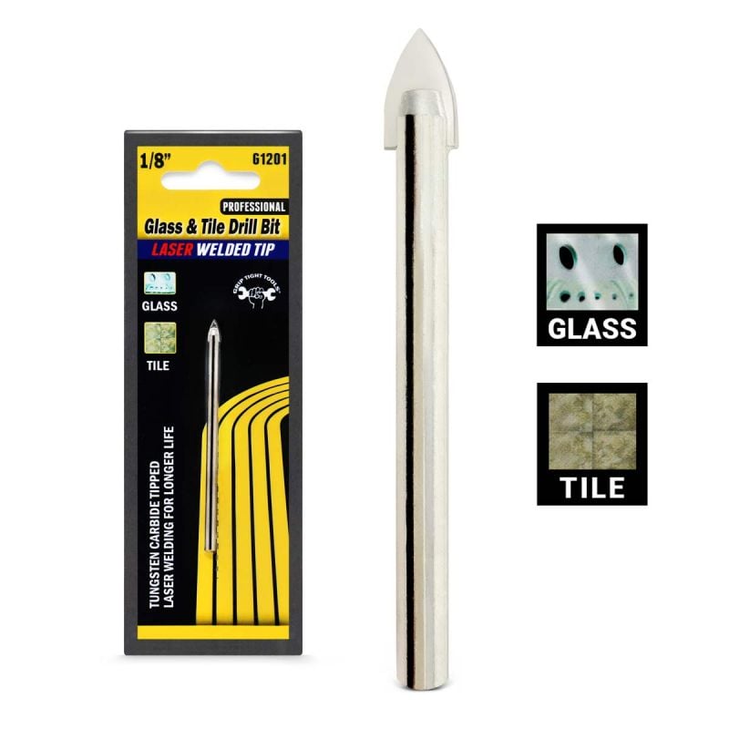 1/8 In. Professional Glass, Tile Drill Bit, Length 3-1/2 in, Special Tungsten Carbide Bit, Laser Welded, Smooth Shank