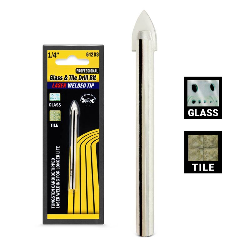 1/4 In. Professional Glass, Tile Drill Bit, Length 4 in, Special Tungsten Carbide Bit, Laser Welded, Smooth Shank