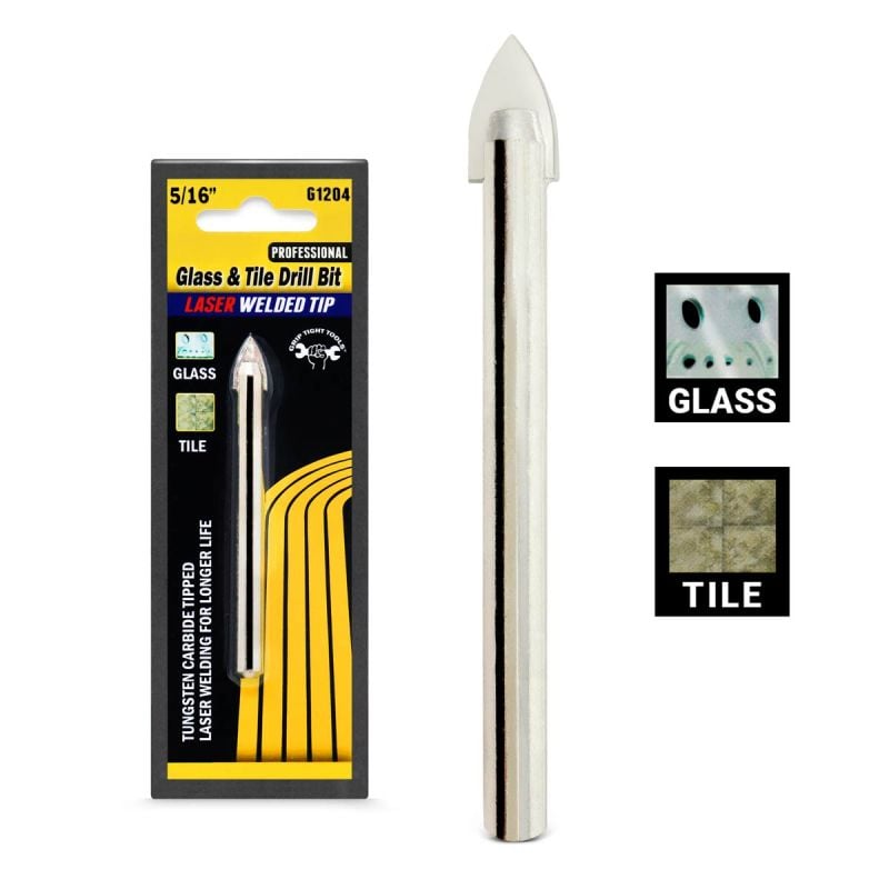 5/16 In. Professional Glass, Tile Drill Bit, Length 4 in, Special Tungsten Carbide Bit, Laser Welded, Smooth Shank