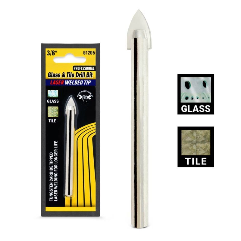 3/8 In. Professional Glass, Tile Drill Bit, Length 4-1/4 in, Special Tungsten Carbide Bit, Laser Welded, Smooth Shank