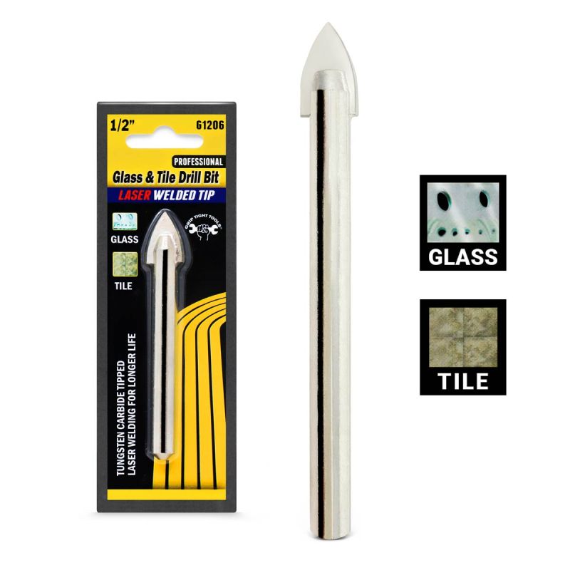 1/2 In. Professional Glass, Tile Drill Bit, Length 4-1/2 in, Special Tungsten Carbide Bit, Laser Welded, Smooth Shank