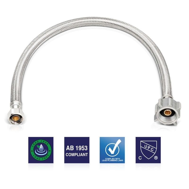20" X 3/8" OD X 7/8" BC Nut, Toilet Supply Line Connector, Stainless Steel, Chrome Plated Brass Nuts