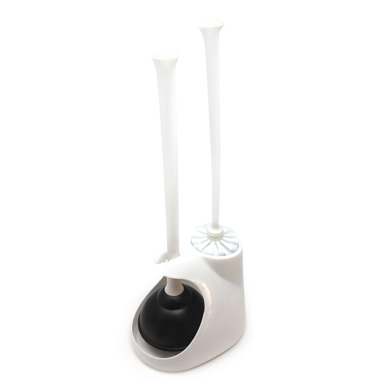 Toilet Brush and Plunger Caddy Set, 4" Toilet Bowl Brush, 4 1/2" Black Toilet Plunger, White Handle, Plumb Tech