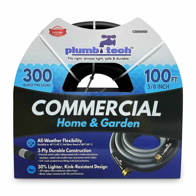 100' Black Nitrile Rubber, Commercial Garden Hoses, Garden Grade, Burst Pressure 300 PSI, Plumb Tech