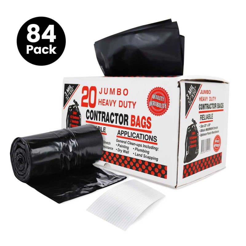 20 Contractor Bags, 84-Pack Black Contractor Bags, 42 Gallons, 7 Bushels Capacity