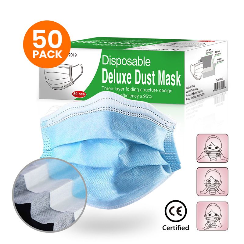 50 PCs Certified Masks, Grade A, 3 Layers, Ear Loops, Blue Color Mask