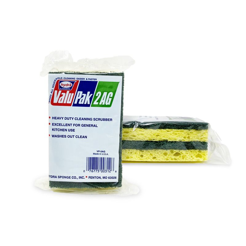 Hydra Cellulose Sponge with Scrub Side 4 1/2" x 2 1/2" x 3/4" - 2 Pack, by Hydra®