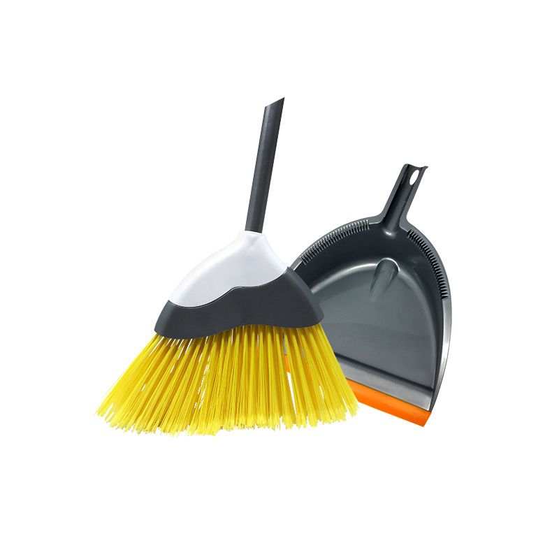 Angle Broom, 4' Wood Handle PVC Coated, Dust Pan Deluxe Set, Dust Pan with Rubber Lip, Yellow Color Bristles