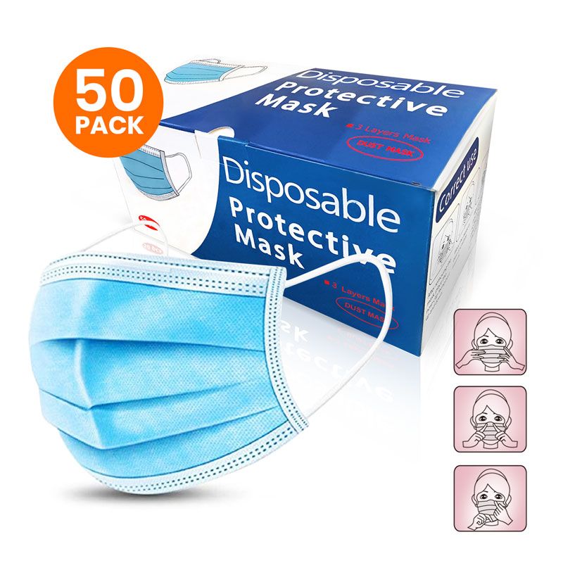 Disposable Protective Mask, 50 Pieces, 3 Layers, Ear Loops, Blue Color Mask