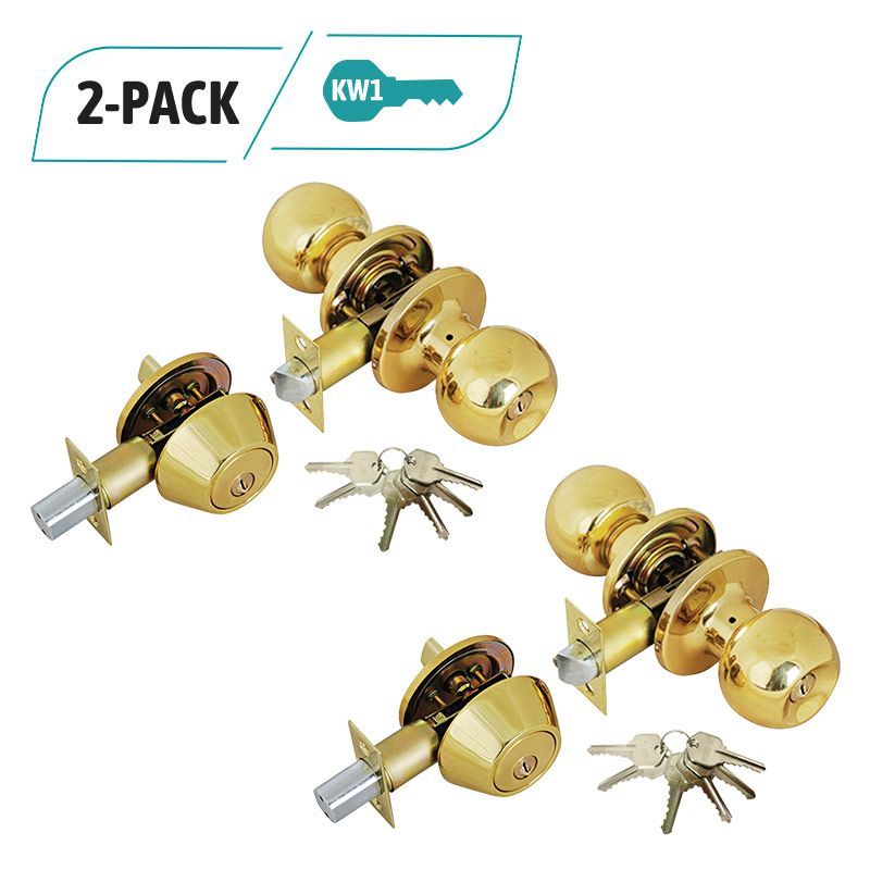 2-Pack Solid Brass Entry Door Knob, Deadbolt Combo Lock Set, 12 KW1 Same Key