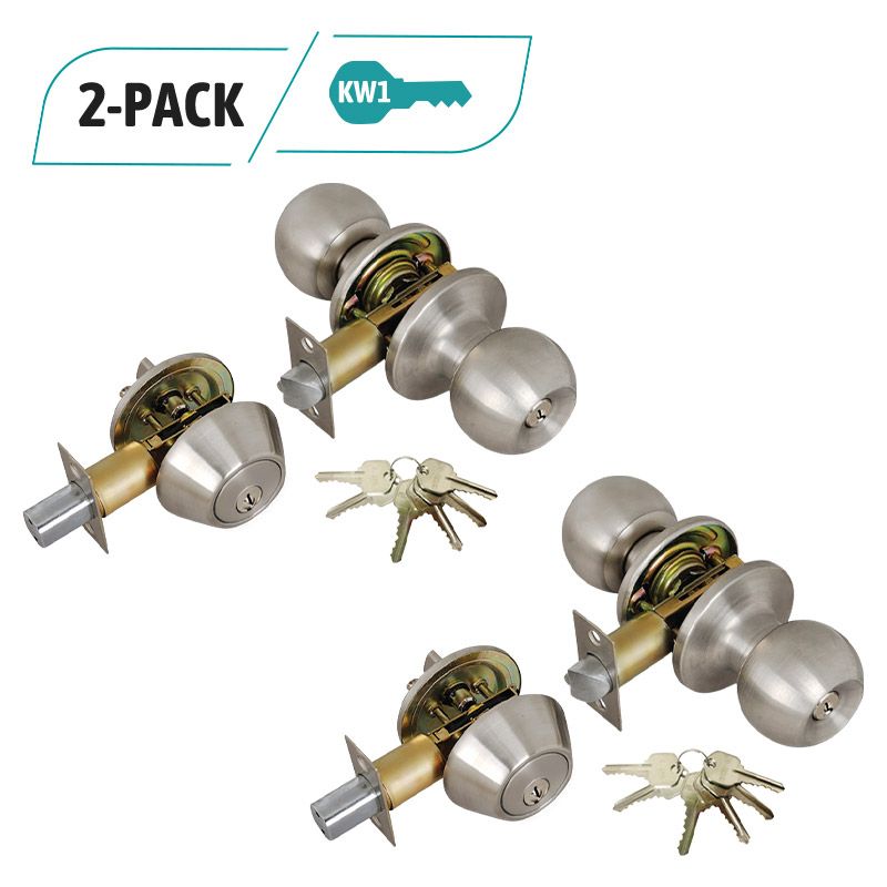 2-Pack Stainless Steel Entry Door Knob, Deadbolt Combo Lock Set, 12 KW1 Same Key