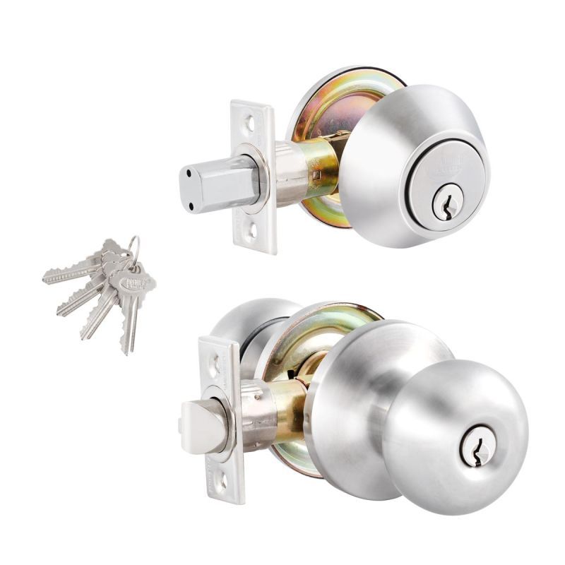 Combo Lock Entry Knob - Flat Ball Style and Deadbolt Polished - Stainless Steel Finish US32D - 4 SC1 Keys - 6 in 1 Drive - In Latch, by Premier Lock®