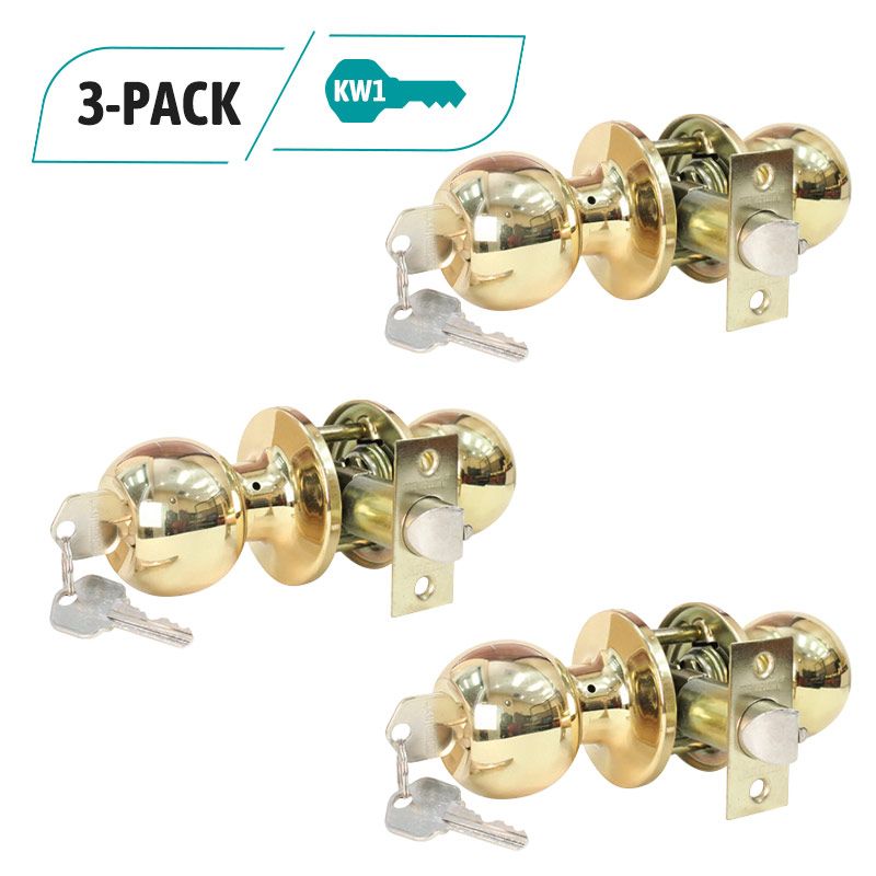 3-Pack Solid Brass Entry Door Knob, 6 KW1 Keys Keyed Alike