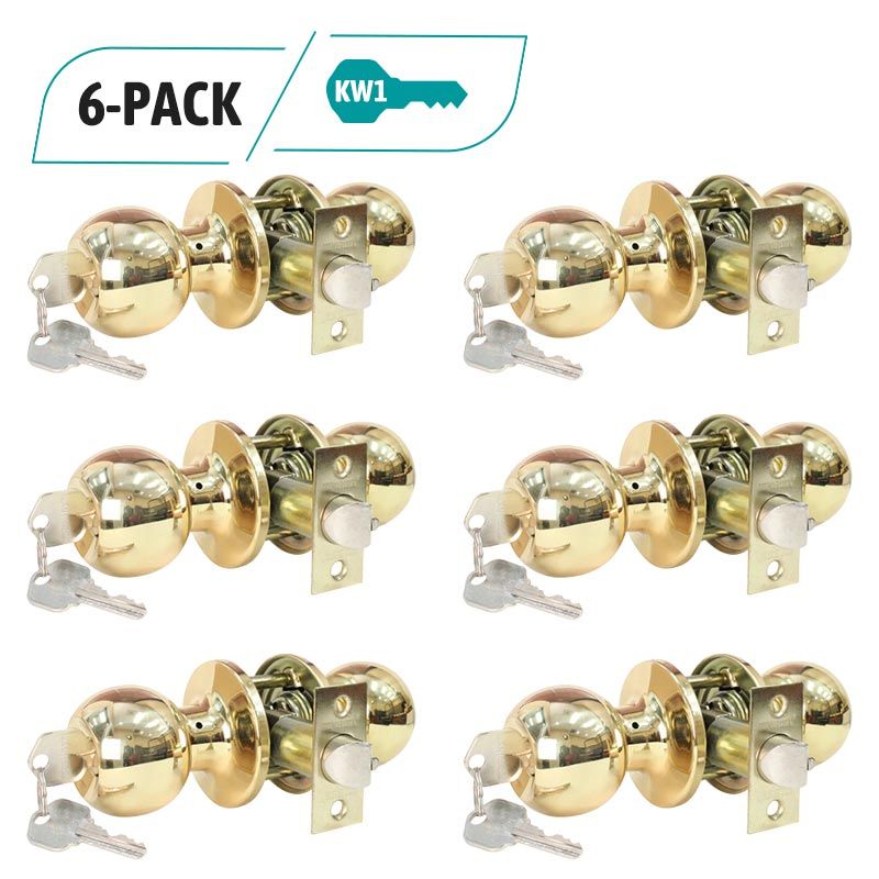 6-Pack Solid Brass Entry Door Knob, 12 KW1 Keys Keyed Alike