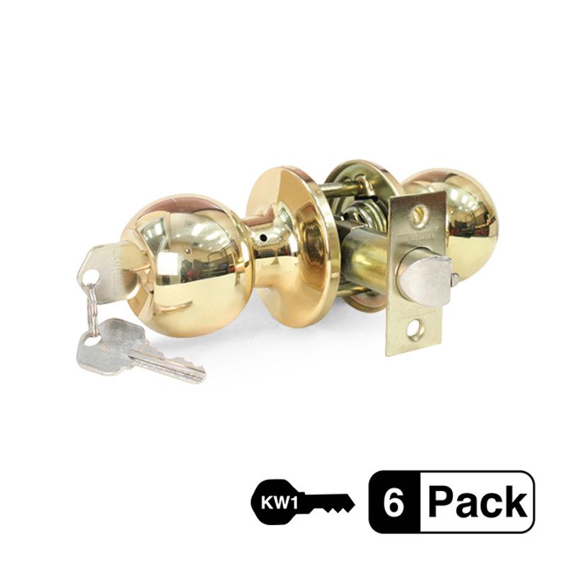 6-Pack Solid Brass Entry Door Knob, 12 KW1 Keys Keyed Alike