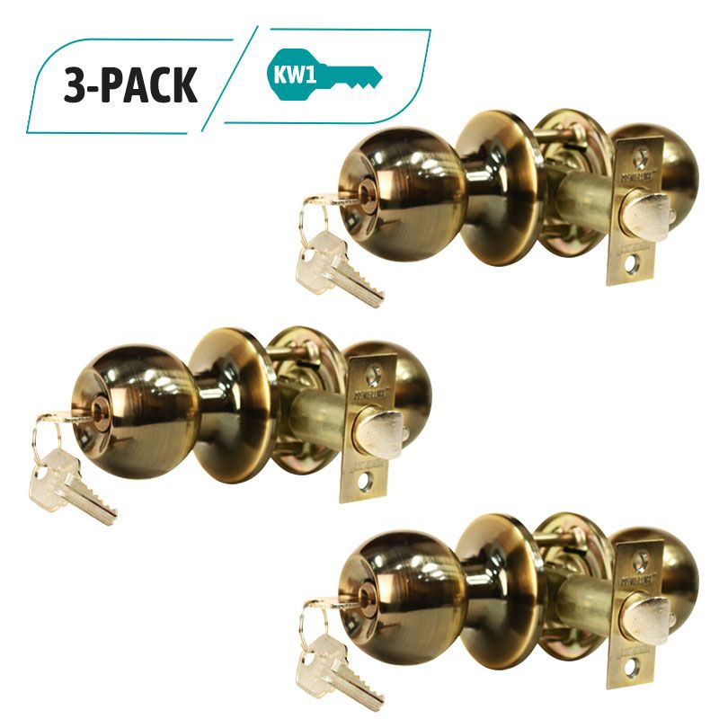 3-Pack Antique Brass Entry Door Knob, 6 KW1 Keys Keyed Alike