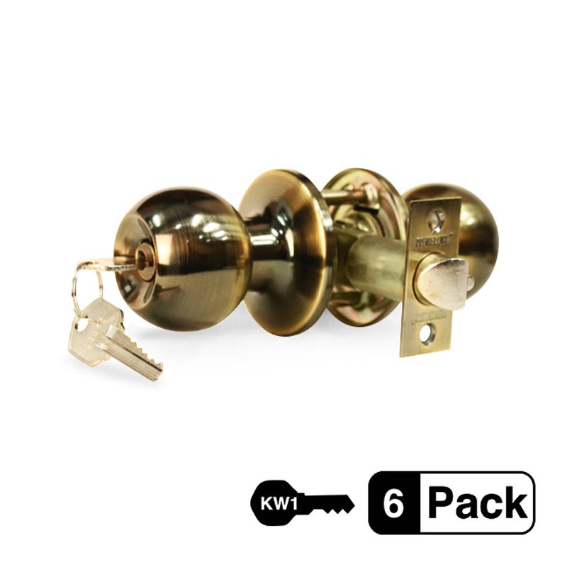 6-Pack Antique Brass Entry Door Knob, 12 KW1 Keys Keyed Alike