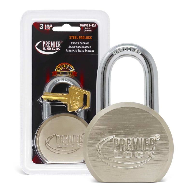 5/8" Commercial Padlocks, Keyed Alike, Carded, Long Shackle, Premier Solid Steel, Wire Polished Surface, Nickel Plated Body, 3 Brass AM6 Keys