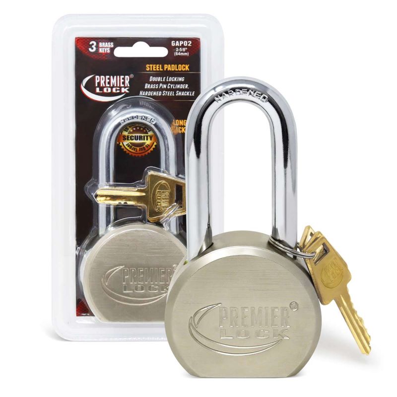 5/8" Commercial Padlocks, Carded, Long Shackle, Premier Solid Steel, Wire Polished Surface, Nickel Plated Body, 3 Brass AM6 Keys