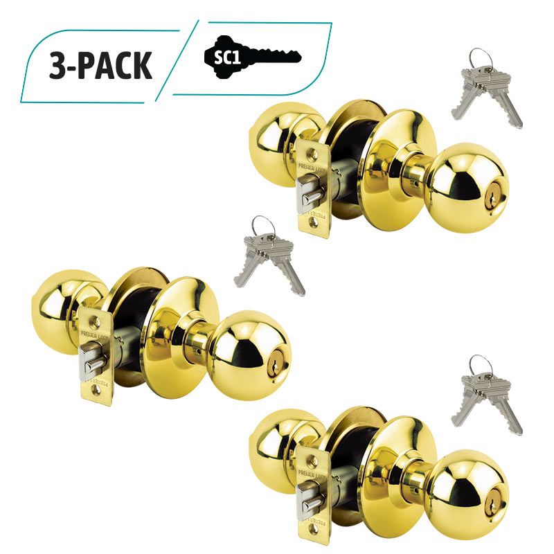 3-Pack Entry Door Knob Grade 3, Brass Finish Door Knob, 6 SC1 Keyed Alike 